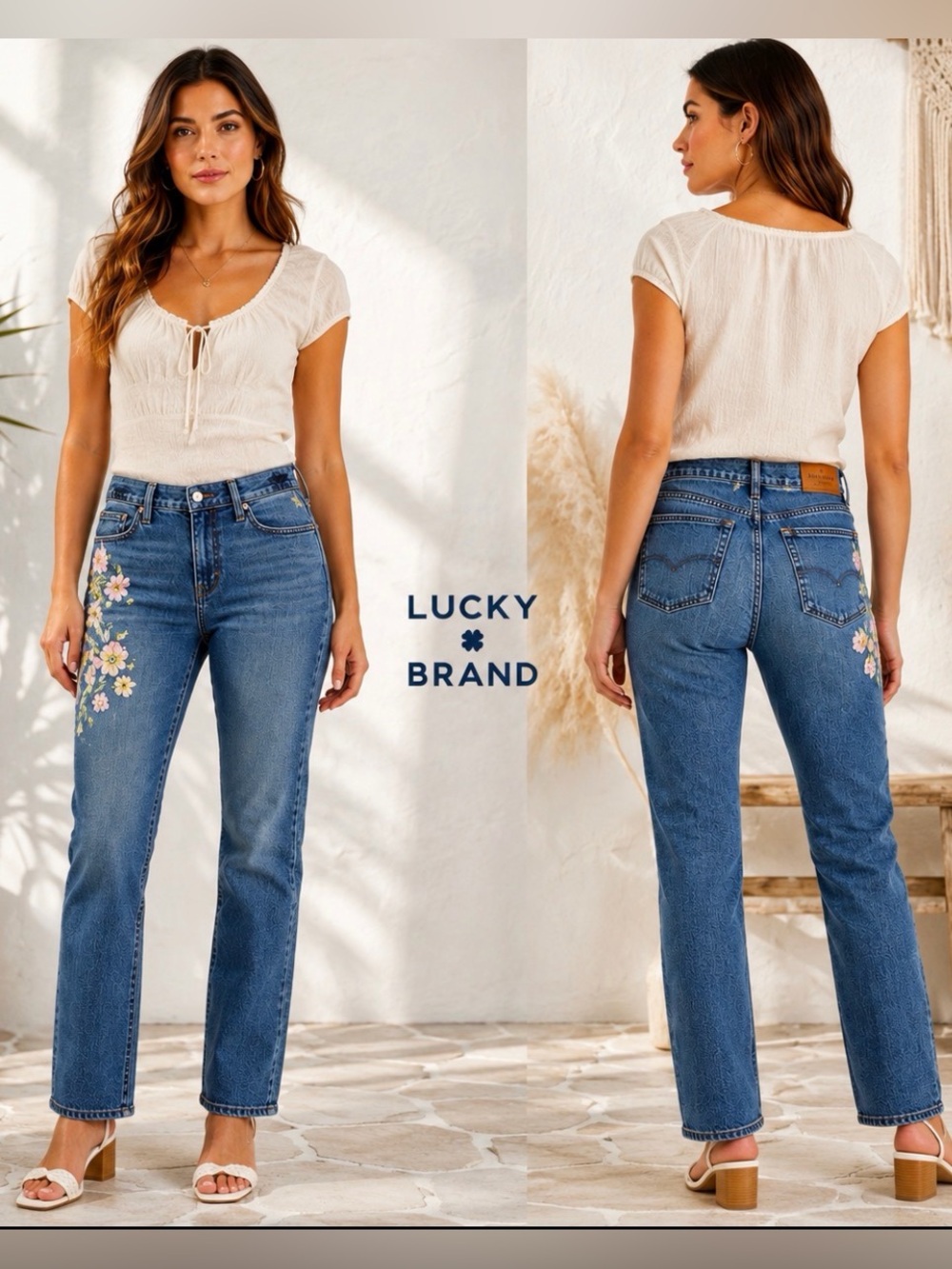 Lucky Brand Sweet Mid Rise Straight Floral Embroidered Jeans Women's 10/30 Boho
